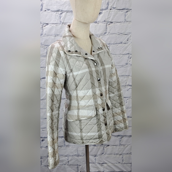 Burberry Women's Quilted Jacket Coat Pale Stone Check Snap Filled Size XS - Picture 3 of 16